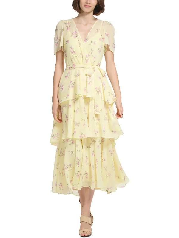 Womens Chiffon Tiered Midi Dress