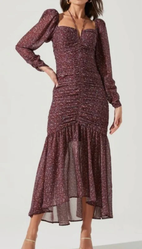 Ditsy Print Long Sleeve Dress In Purple/brown