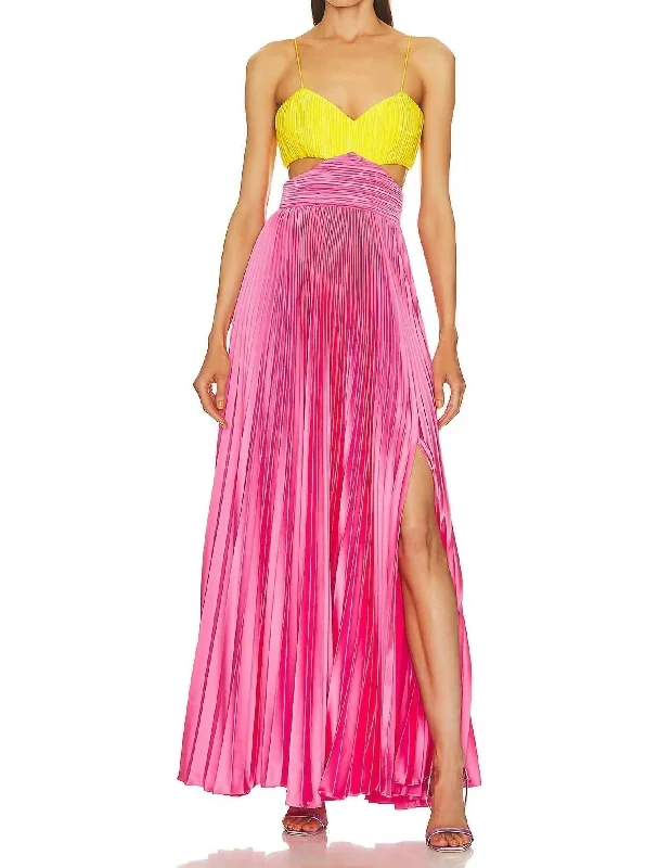 Gorgeous Satin Pleated Maxi Dress In Yellow Tag & Calla Lily