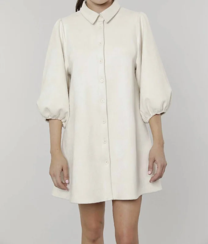 Everywhere Leather Dress With Puff Sleeves In Cream Suede