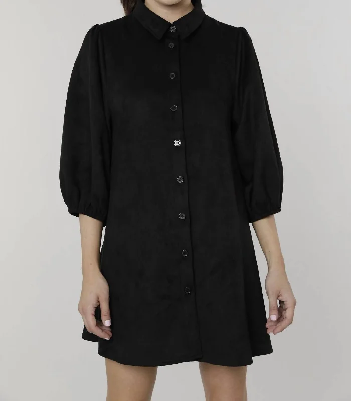 Everywhere Leather Dress With Puff Sleeves In Black Suede