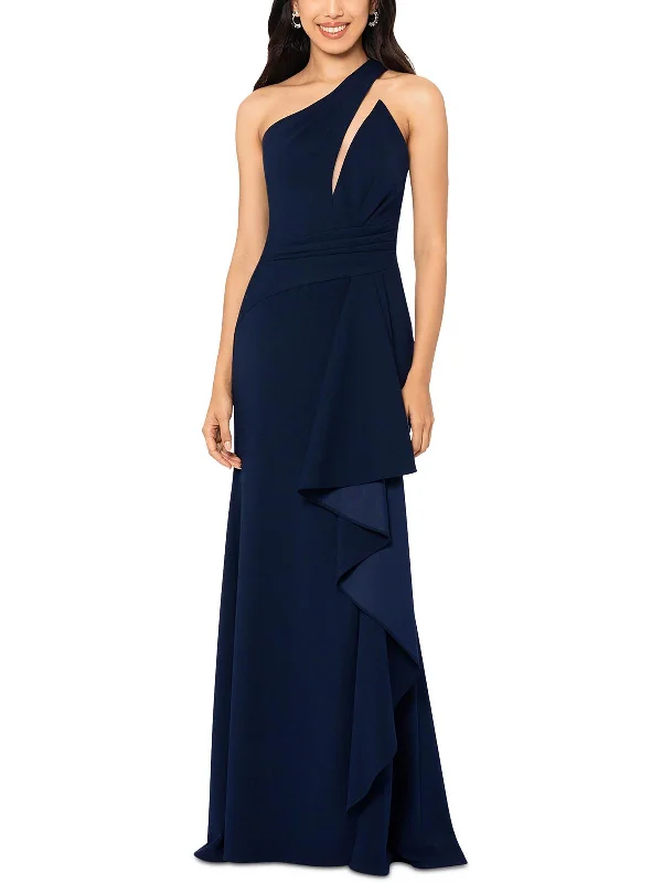 Petites Womens One Shoulder Illusion Evening Dress