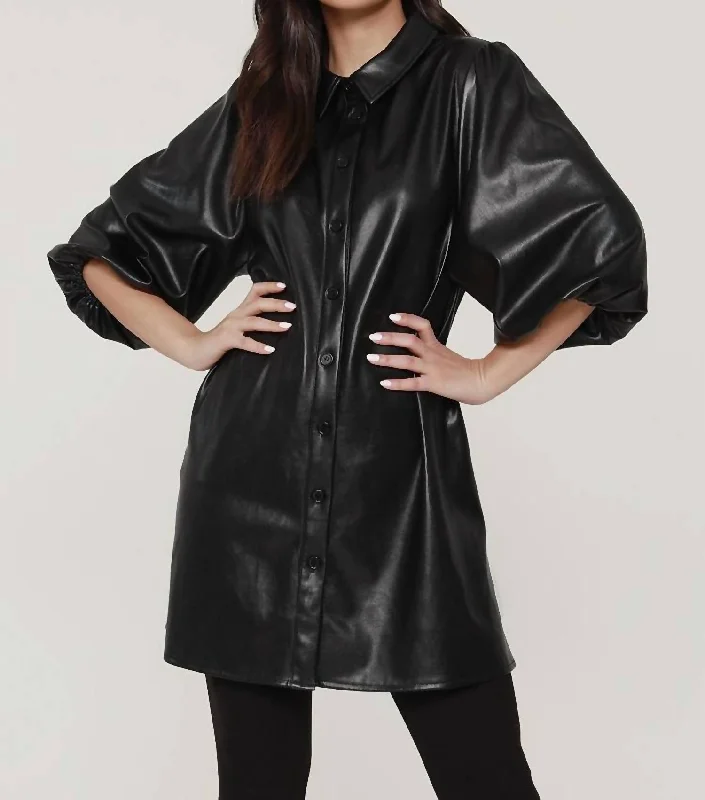 Everywhere Leather Dress With Puff Sleeves In Black