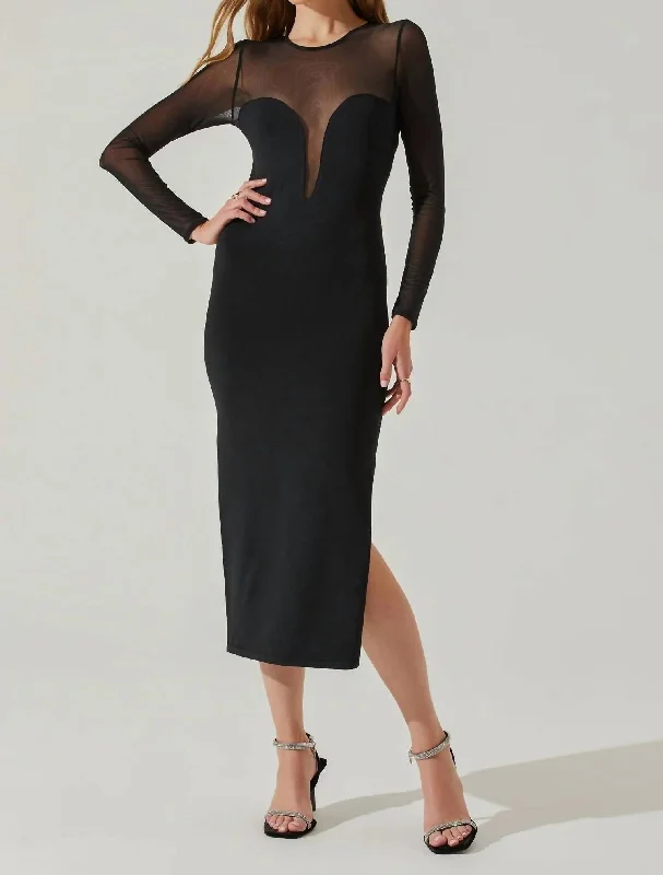 Leona Mesh Midi Sweater Dress In Black