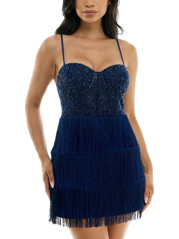 Juniors Womens Fringe Mesh Cocktail and Party Dress