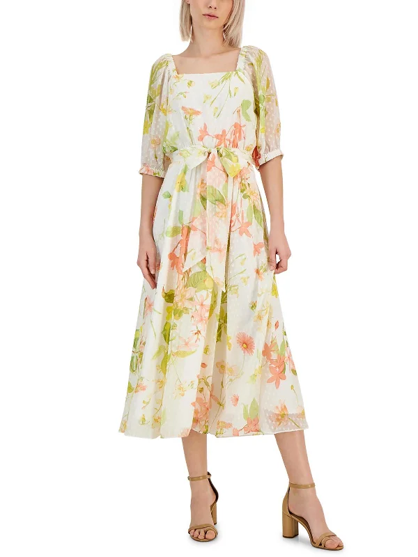 Womens Floral Print Chiffon Midi Dress