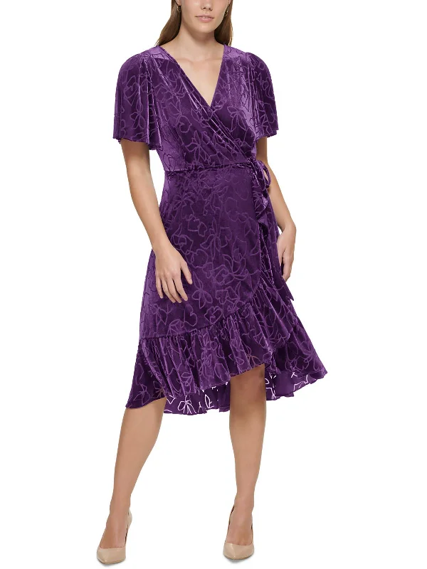 Womens Faux Wrap Velvet Wrap Dress