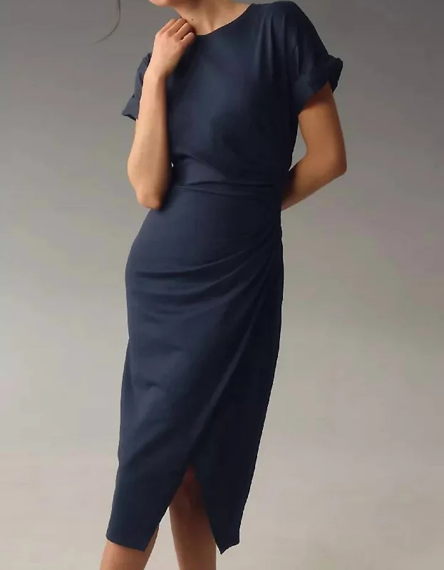 Faux Wrap Midi Dress In Navy