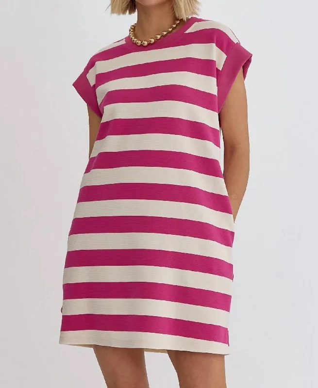 It All Lines Up Stripe Dress In Hot Pink