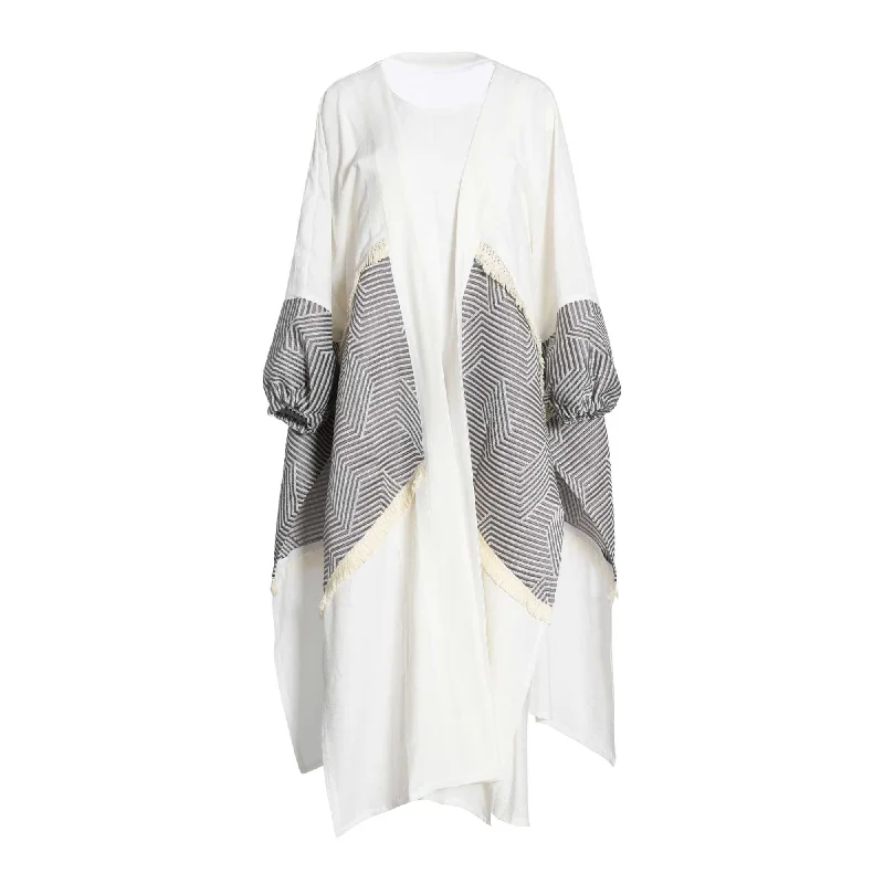 Fahm Dress & Abaya (Set) White & Grey Stripes free Size