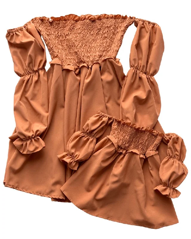 Calliope Puff Sleeve Off Shoulder Dress - Clay