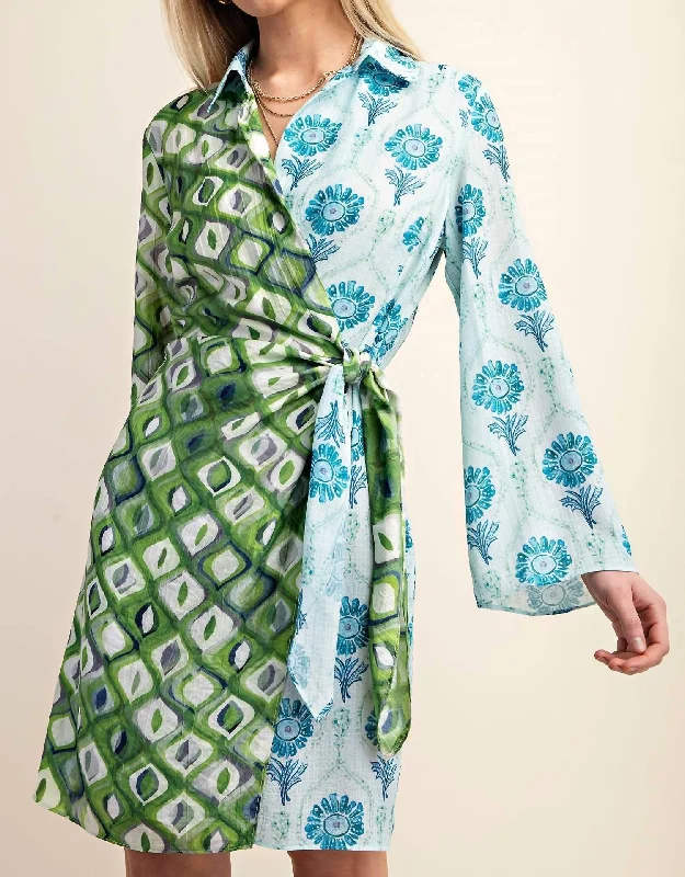 Mixed Print Long Sleeves Wrap Mini Dress In Green/blue