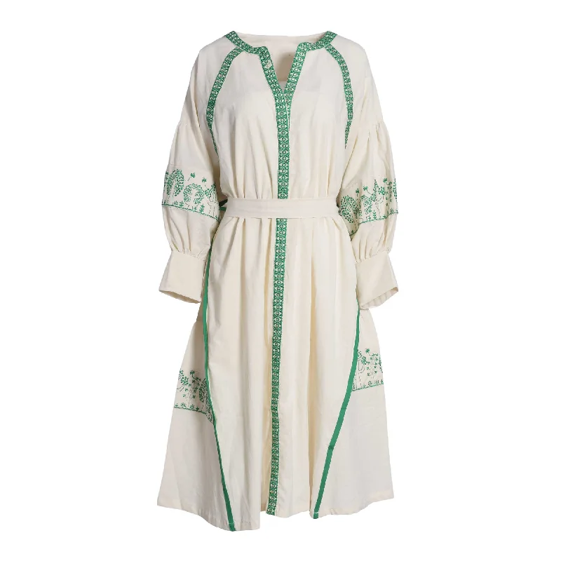 Fahm Women's Off-white/Green Dress, Free Size