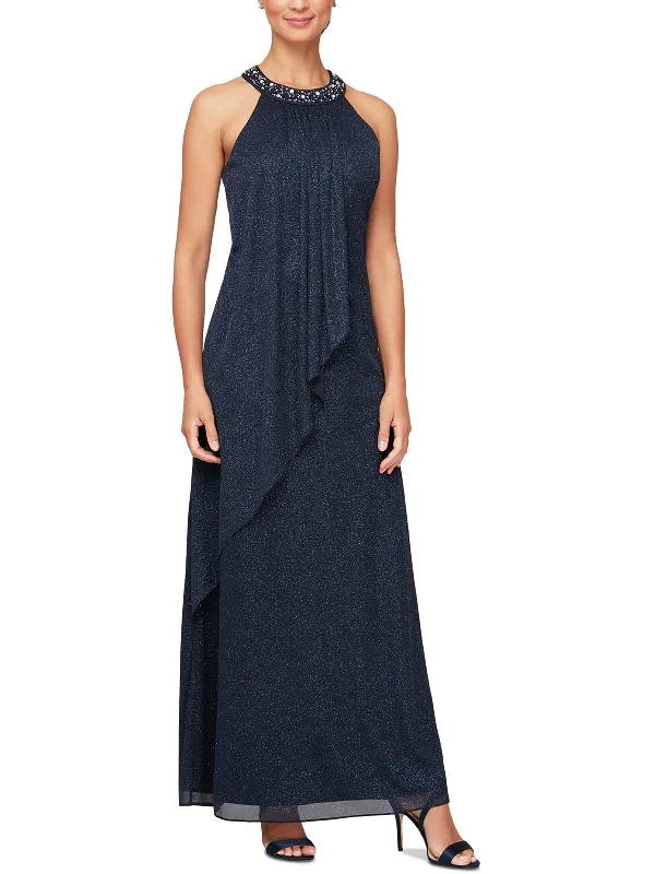 Petites Womens Overlay Long Evening Dress