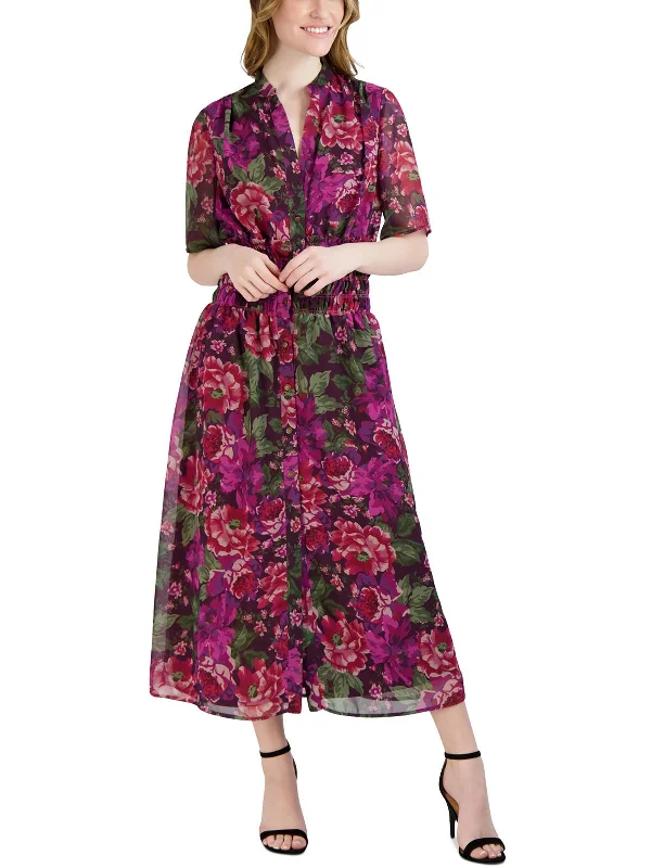 Womens Floral Print Chiffon Shirtdress