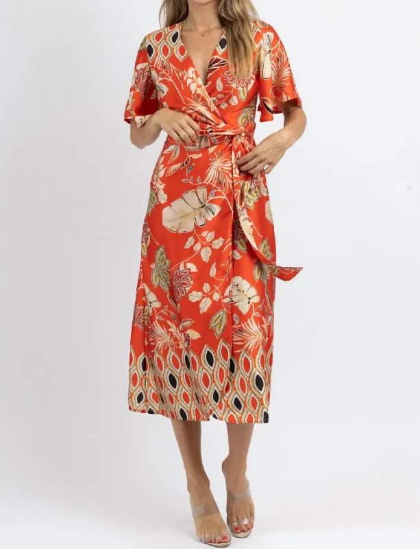 Waikiki Wrapped Satin Midi Dress In Orange/multi