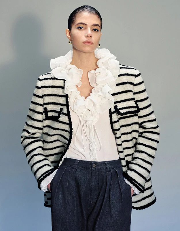 V-Neck Striped Woolen Jacket