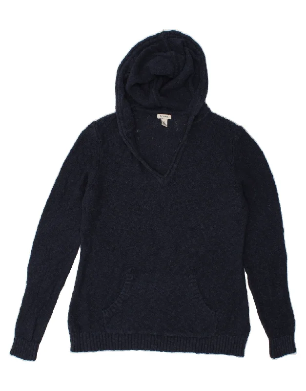 L.L.BEAN Womens Hooded V-Neck Jumper Sweater UK 14 Medium Navy Blue Cotton