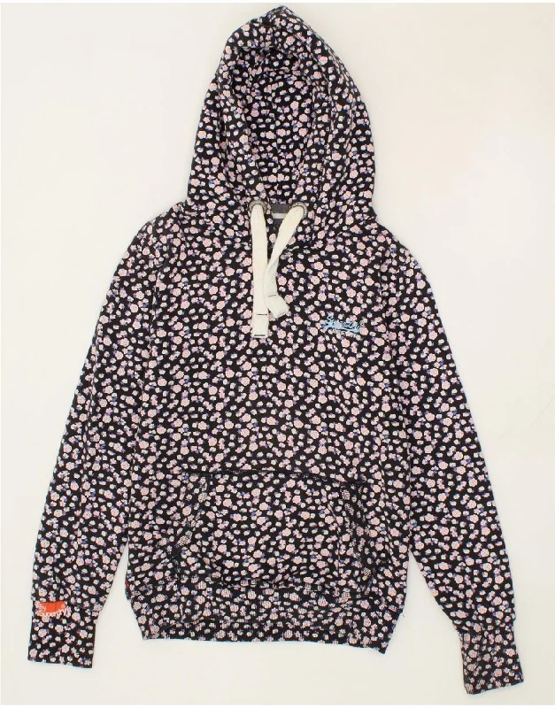 SUPERDRY Womens Hoodie Jumper UK 10 Small Black Floral Cotton