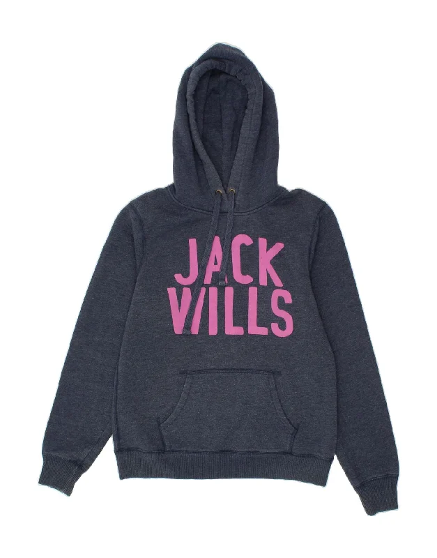 JACK WILLS Womens Graphic Hoodie Jumper UK 14 Large Navy Blue Cotton