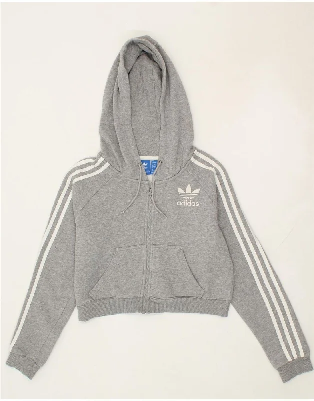 ADIDAS Womens Crop Zip Hoodie Sweater UK 10 Small Grey Cotton