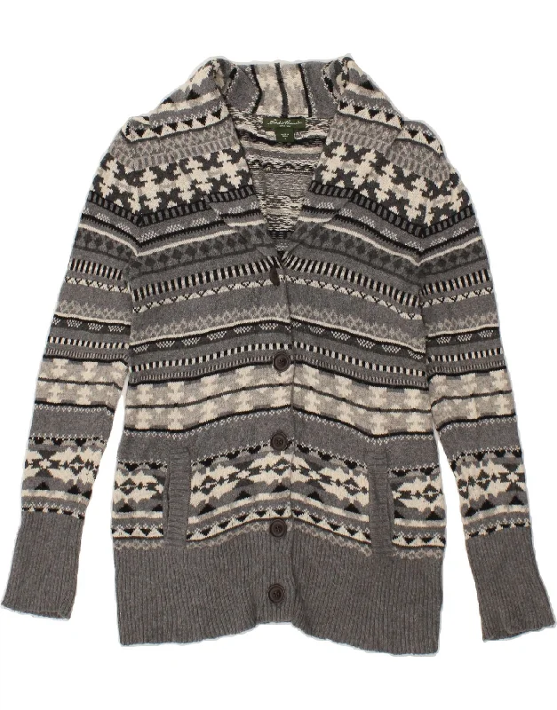 EDDIE BAUER Womens Cardigan Sweater UK 10 Small Grey Fair Isle Cotton