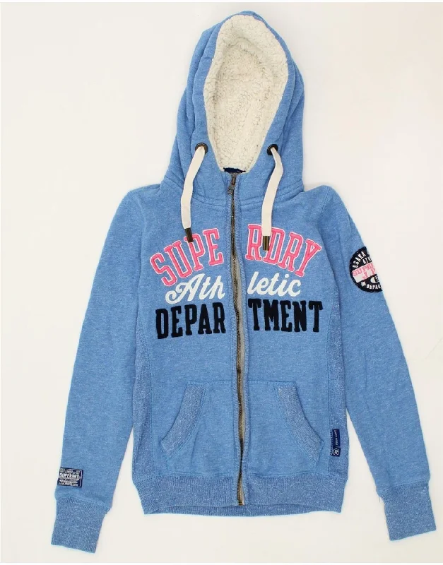 SUPERDRY Womens Graphic Zip Hoodie Sweater UK 6 XS Blue Cotton