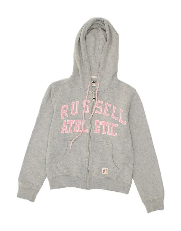 RUSSELL ATHLETIC Womens Graphic Zip Hoodie Sweater UK 10 Small Grey Cotton