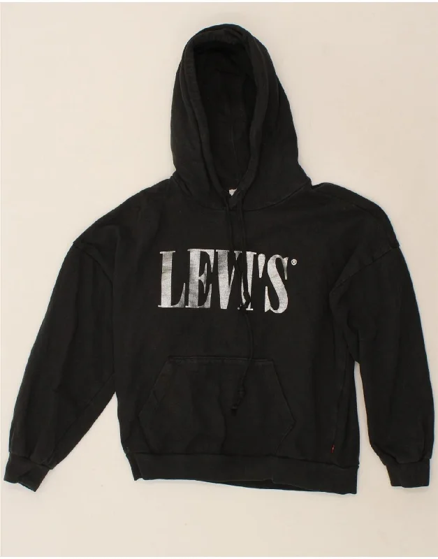 LEVI'S Womens Oversized Graphic Hoodie Jumper UK 6 XS Black Cotton