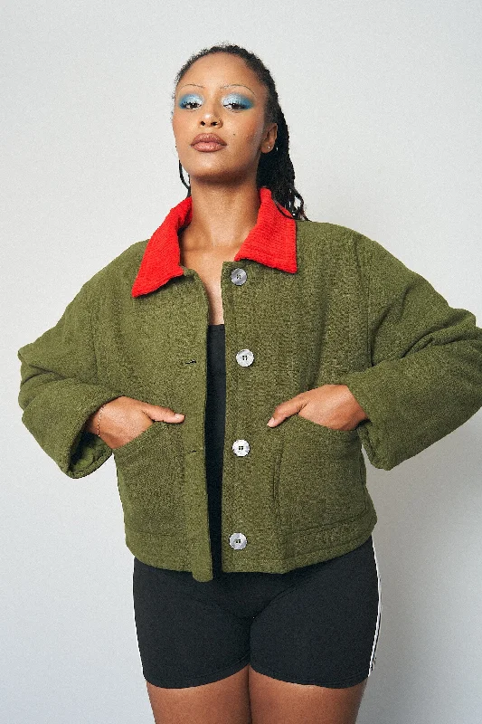 Cord Collar Moss Linen Quilted Barn Jacket