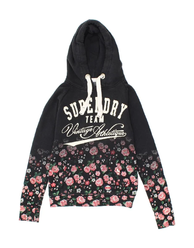 SUPERDRY Womens Graphic Hoodie Jumper UK 6 XS Black Floral Cotton