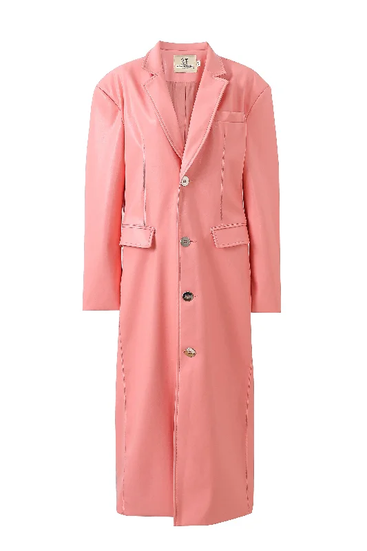 Unisex Peach Faux Plant Leather Long Coat