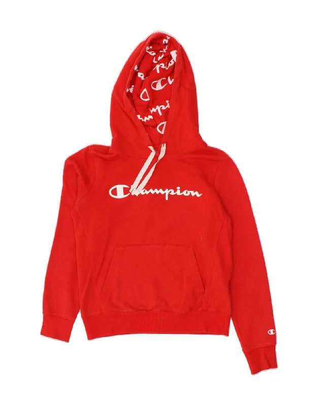 CHAMPION Womens Crop Graphic Hoodie Jumper UK 6 XS Red Cotton