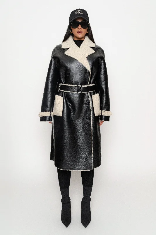 Black/Ivory Sherpa And Faux Leather Coat