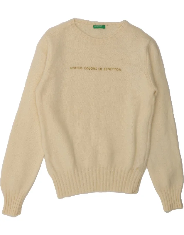 BENETTON Womens Graphic Boat Neck Jumper Sweater UK 12 Medium Beige