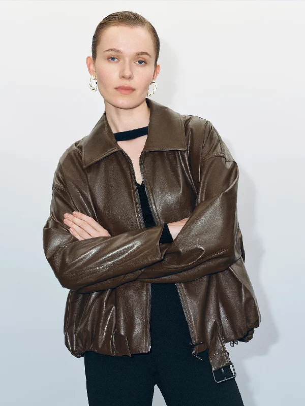 Zipper Front Vegan Leather Oversized Jacket