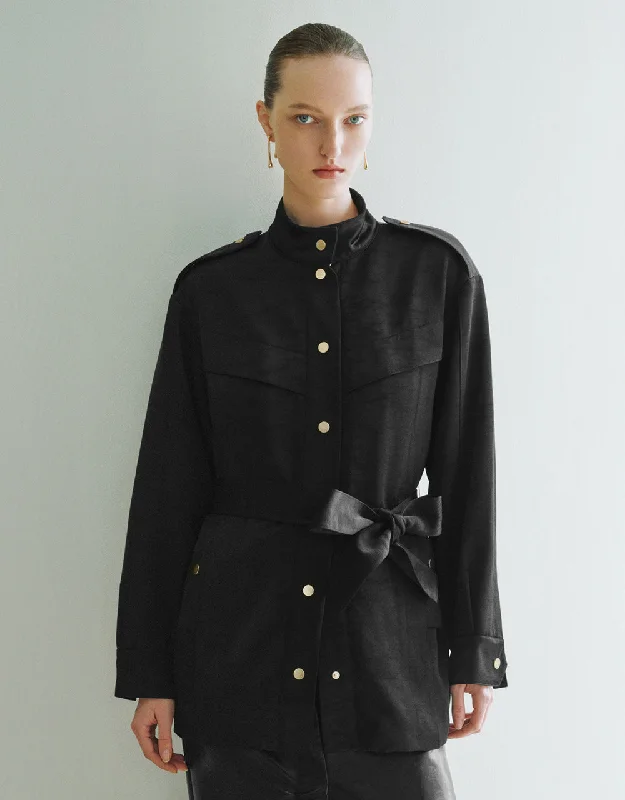 Stand Collar Straight Jacket With Belt