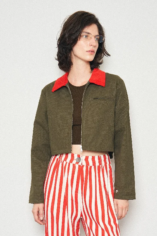 Canvas Construction Crop Jacket in Moss/red