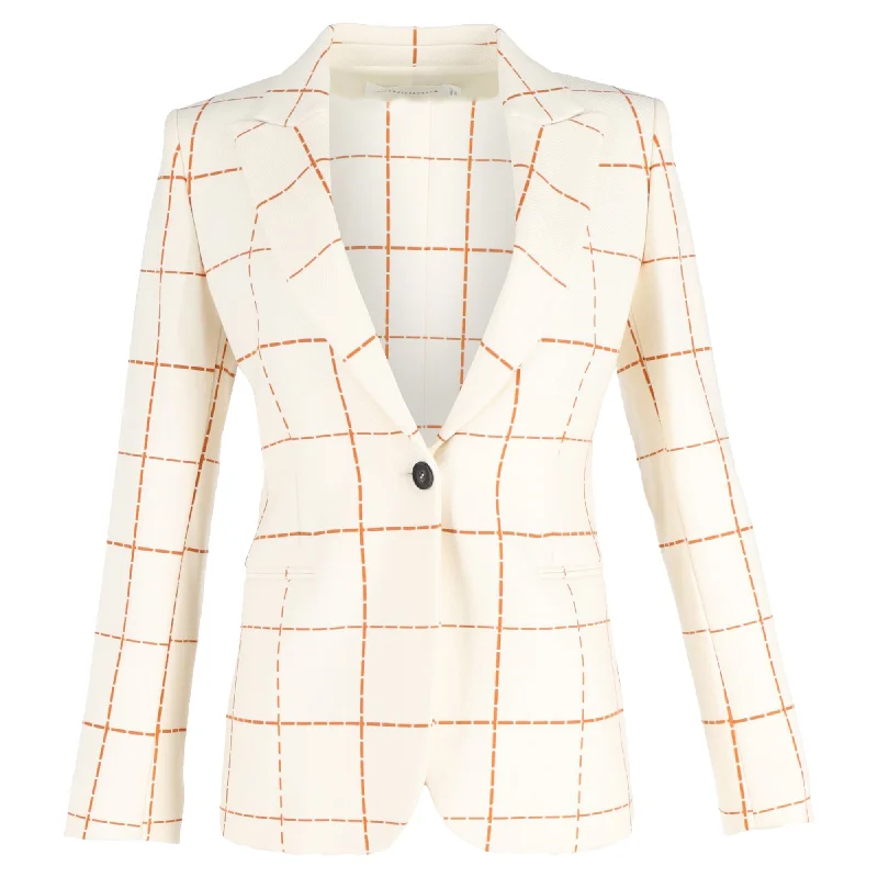 Victoria Beckham Check Print Single-Breasted Blazer in Cream Wool