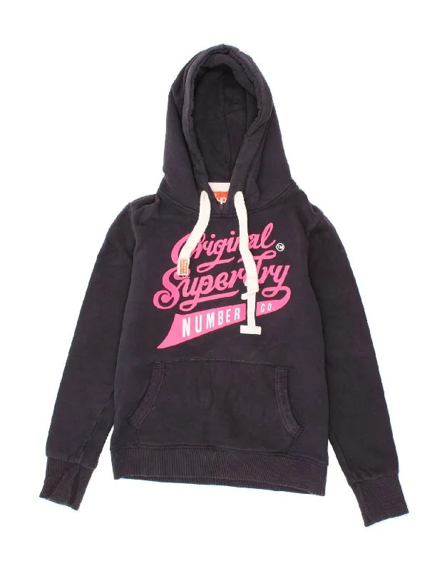 SUPERDRY Womens Graphic Hoodie Jumper UK 16 Large Navy Blue Cotton