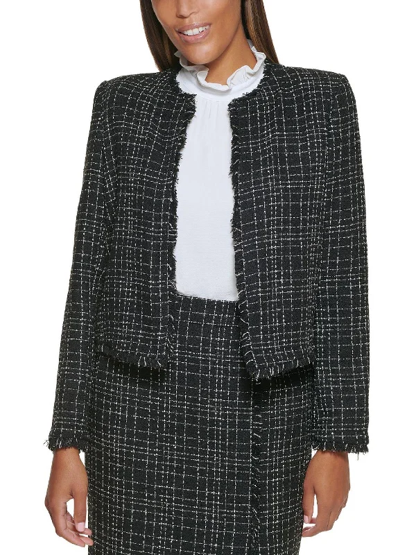 Petites Womens Wool Blend Tweed Open-Front Blazer