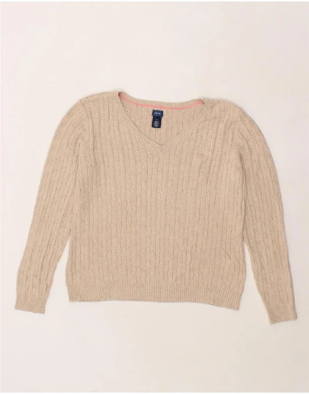 IZOD Womens V-Neck Jumper Sweater UK 14 Medium Beige Cotton