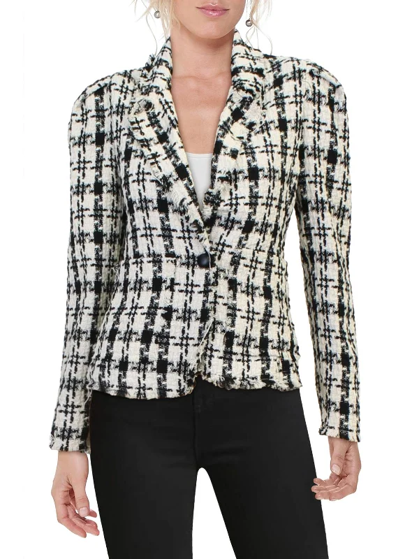 Womens Tweed Puff Sleeve One-Button Blazer