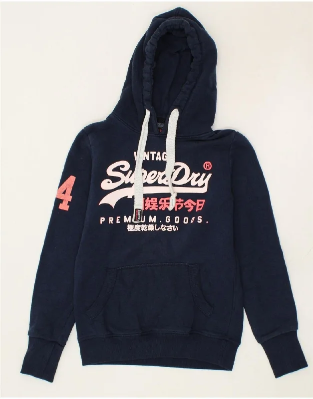 SUPERDRY Womens Graphic Hoodie Jumper UK 6 XS Navy Blue Cotton