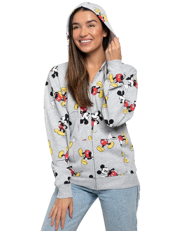 Women's Disney Mickey Mouse Hoodie All-Over Sweatshirt Zippered Heather Gray