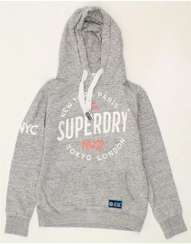 SUPERDRY Womens Graphic Hoodie Jumper UK 10 Small Grey Flecked Polyester