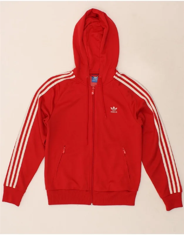 ADIDAS Womens Zip Hoodie Sweater UK 12 Medium Red Cotton