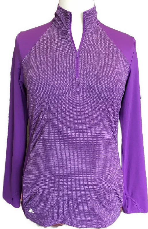 New Women's Adidas Half Zip Purple Knit Golf Pullover with Sleeve Logo Size L MSP$70